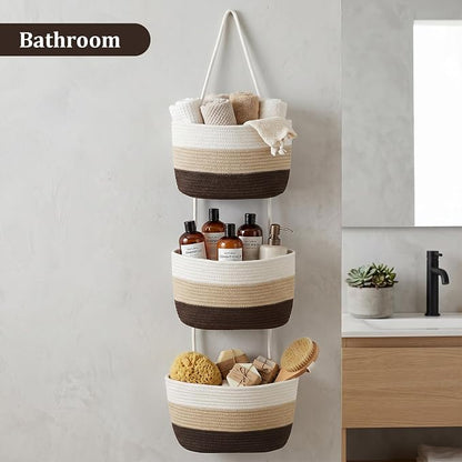 TeoKJ Over the Door Hanging Basket, 3-Tier Woven Cotton Wall-Mounted Storage - Image 8