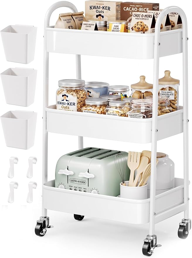 3 Tier Rolling Cart Metal with Wheels, Heavy Duty White Three Tiered Craft Cart by Unknown