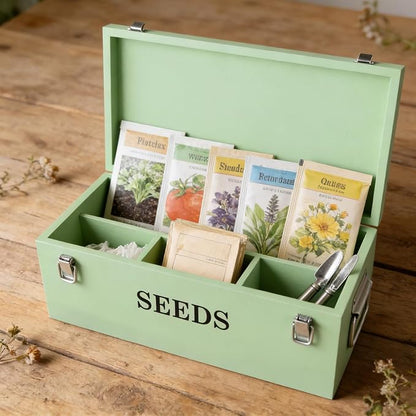 Seed Storage Organizer with 2 Dividers, Wooden Seed Saving Box with Lid - Image 5