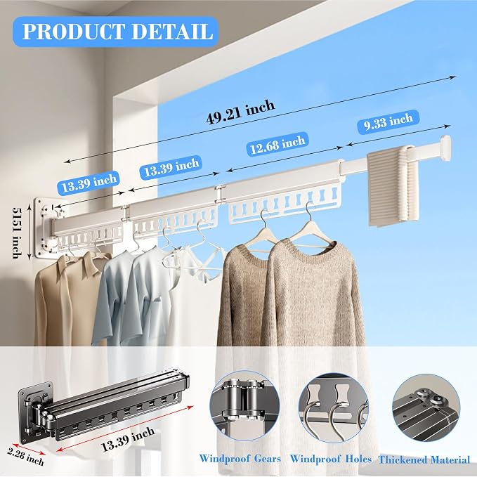 Clothes Drying Rack Wall-Mounted, 3-Fold Retractable Clothes Hanger - Image 2