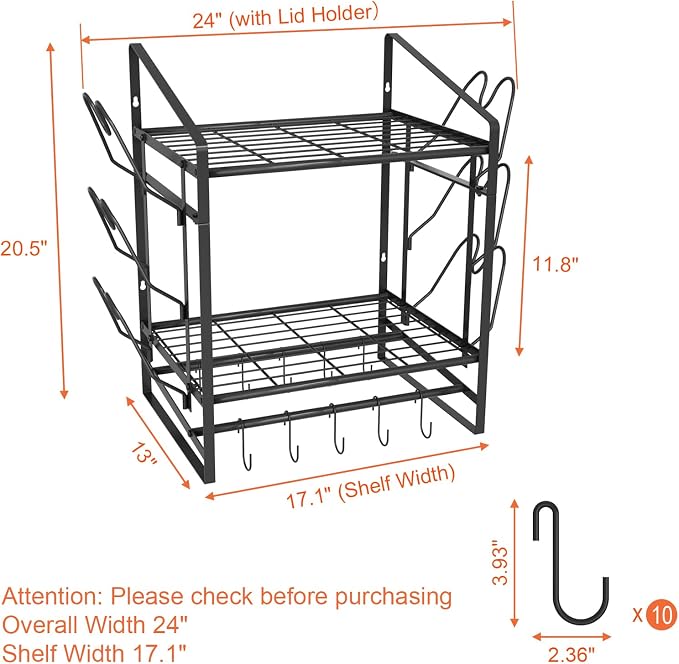 17 Inch Pot Rack Wall Mounted, 2 Tier Pots and Pans Organizer - Image 2