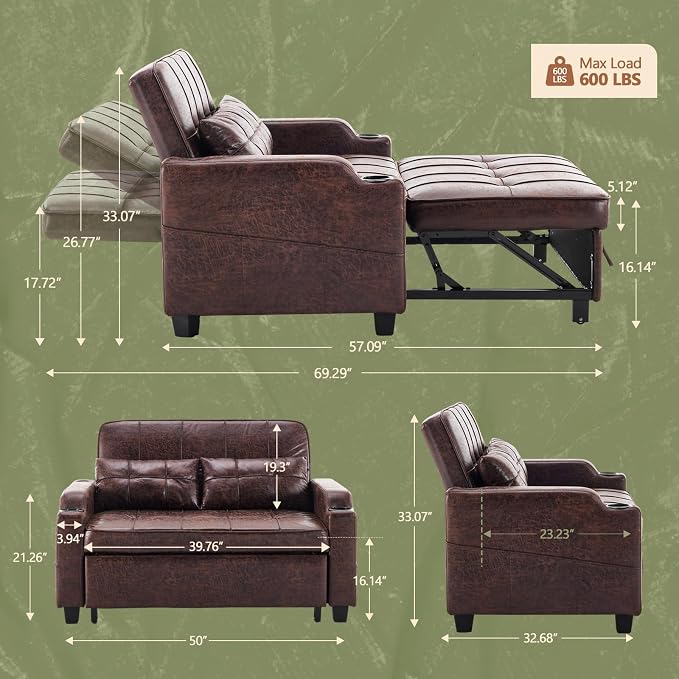 VINGLI Rustic Futon Sofa Bed Convertible Loveseat Sleeper Sofa Couch, Pullout - Image 3