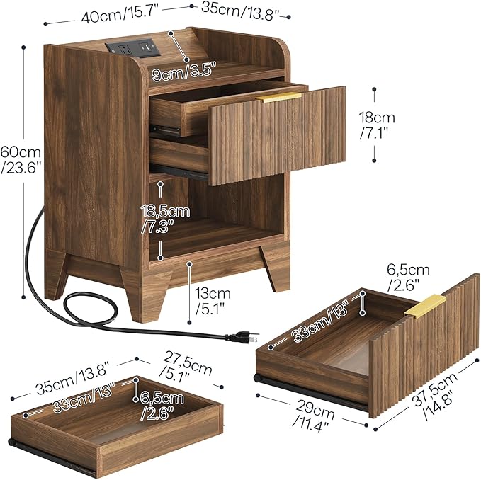 HOOBRO Fluted Nightstand with Charging Station, End Table with Hidden Drawer - Image 3