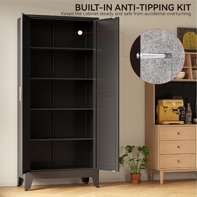 COFaR 71" Modern Pantry Cabinet in Black, 5-Tier Storage Cabinet - Image 7