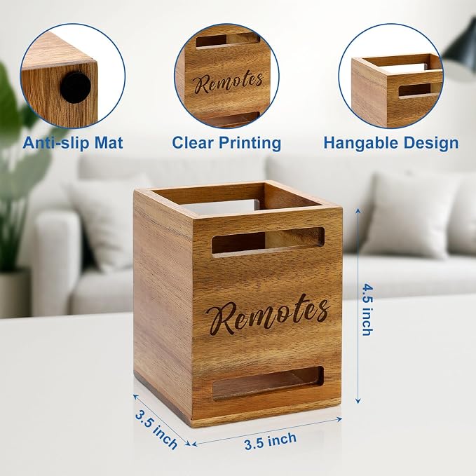 Hilislog TV Remote Control Holder Wall Mount Acacia Wood Caddy - Image 4