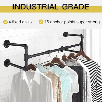 54” Wall Mounted Clothes Rack, Industrial Pipe Black Iron Garment Bar, - Image 2