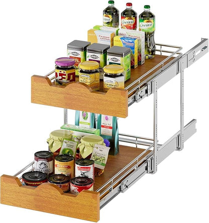 DINDON 2 Tier Pull Out Cabinet Organizer Slide Out Wood Shelf Double Tier by DINDON