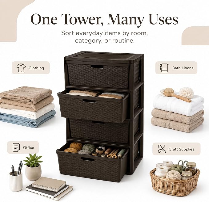 Wide 4-Drawer Plastic Storage Tower, Cross-Weave Floor Cabinet, tool-free - Image 5