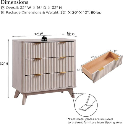 T4TREAM Fluted 3 Drawers Nightstand, Oversized Extra Large Modern Side Table - Image 2