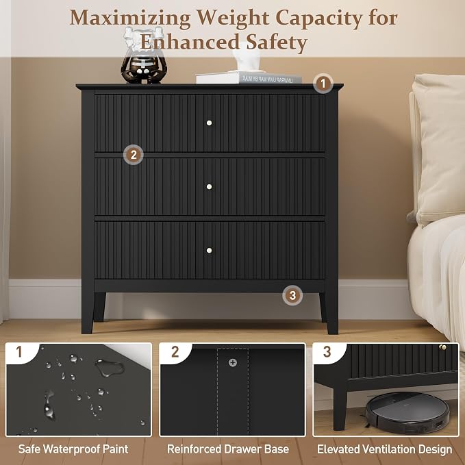 RoyalCraft Black Fluted 3 Drawer Dresser, 32 inch Wide Dresser Nightstand - Image 5