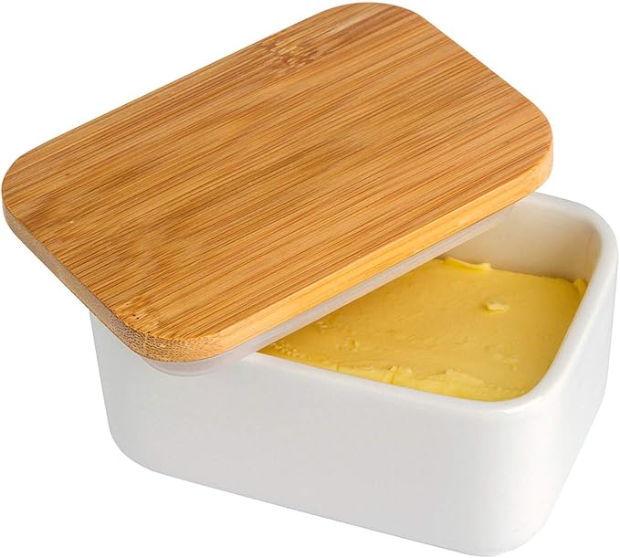 Porcelain Butter Dish with Lid, Ceramic Butter Dish with Bamboo Lip, Butter - Image 5