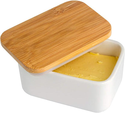 Porcelain Butter Dish with Lid, Ceramic Butter Dish with Bamboo Lip, Butter - Image 5
