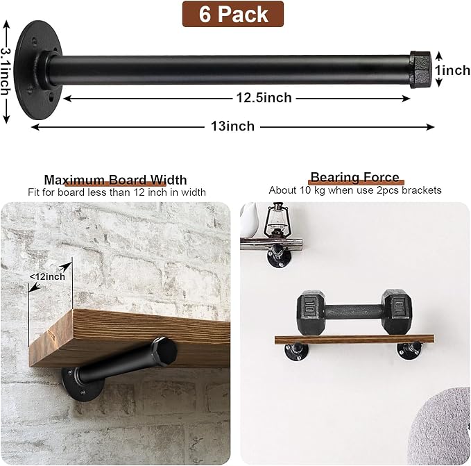 PINTUSON 6 Pcs Industrial Pipe Clothes Bar 12 Inch - Image 2