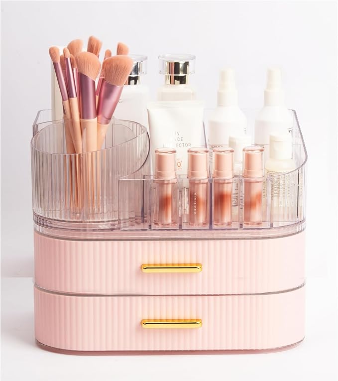Makeup Organizer with Stackable Drawer, 360 Rotating Makeup Brush Holder by STORICANS