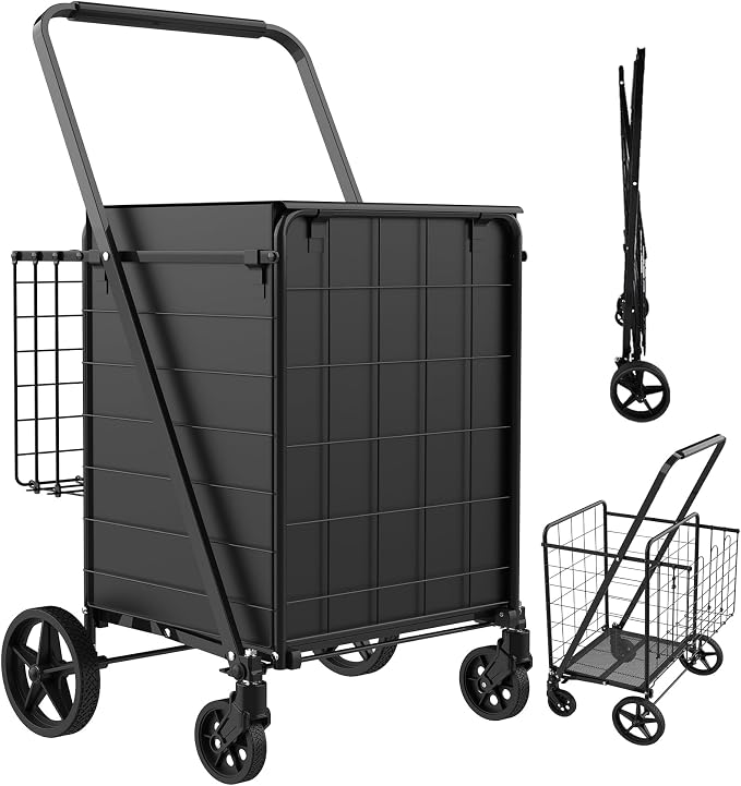 Foldable Shopping Cart with Waterproof Bag, Swivel Wheels & Double Basket | by JIALIJIU