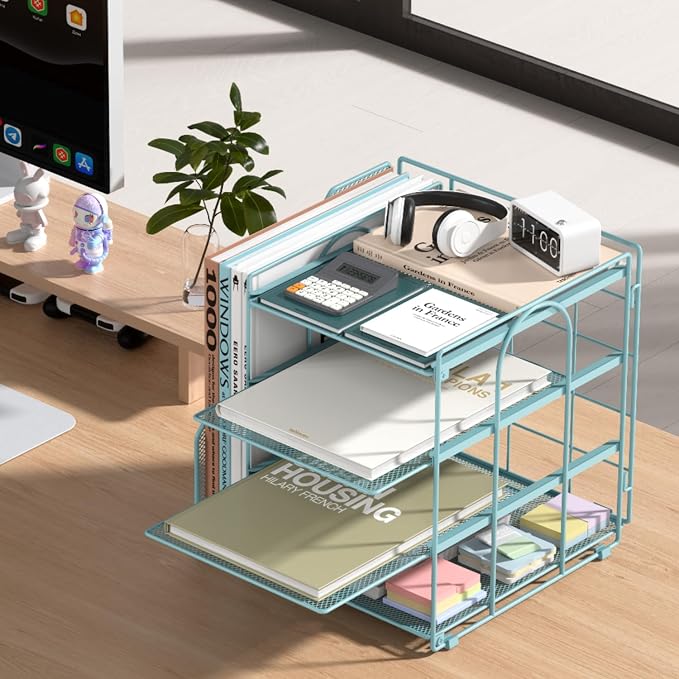 Blue Desk File Organizer and Accessories, 4-Tier Paper Organizer - Image 2