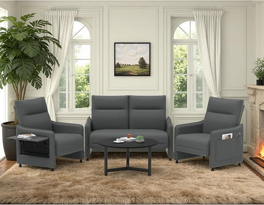3-Piece Living Room Sofa Set, Faux Leather Loveseat & Accent Chairs Set of 2 by Tbillionnext