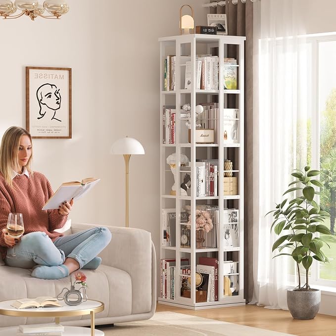 Aheaplus Rotating Bookshelf, Corner Bookcase, 360 Display Wood Spinning - Image 2