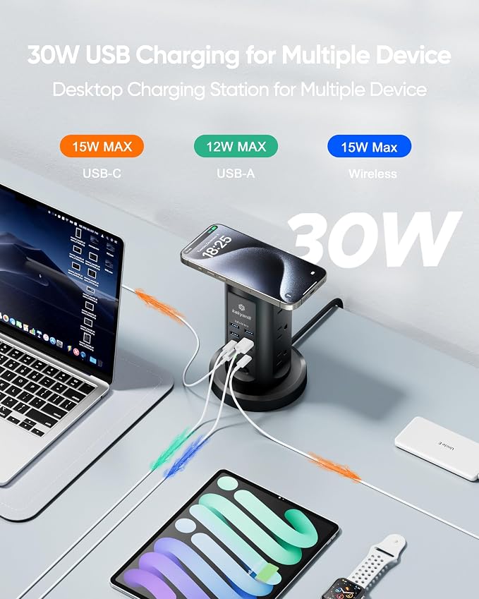 Kakyanill 30W USB Charging Station, Power Strip Tower, 9 AC Outlets - Image 4
