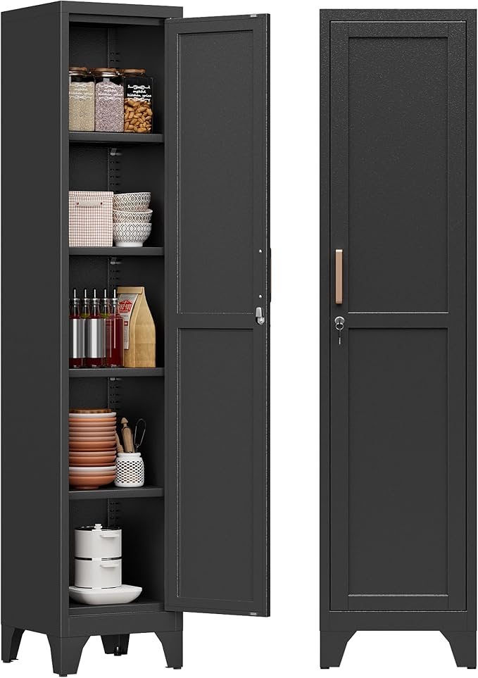 67"H Black Metal Locker with 1 Lockable Door and 4 Adjustable Shelves by Firstsky