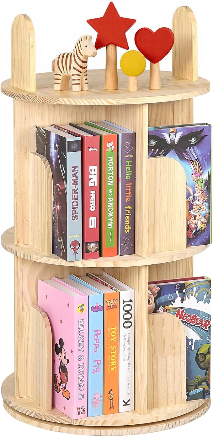Kryonix 2 Tier Kids Rotating Bookshelf, Spinning Solid Pine Wood Bookcase | by Kryonix