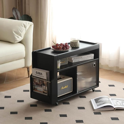 Side Table with Storage, Solid Wood Rolling End Table by Wayshome