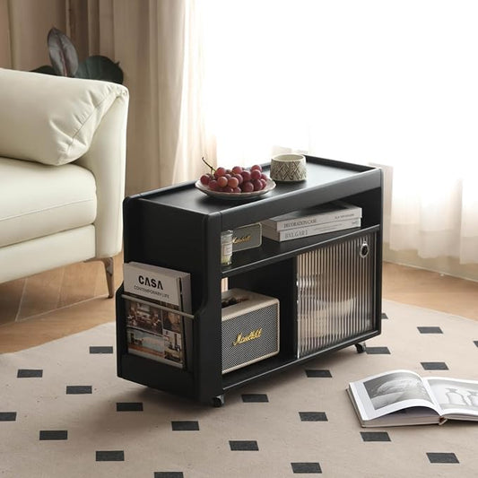 Side Table with Storage, Solid Wood Rolling End Table by Wayshome