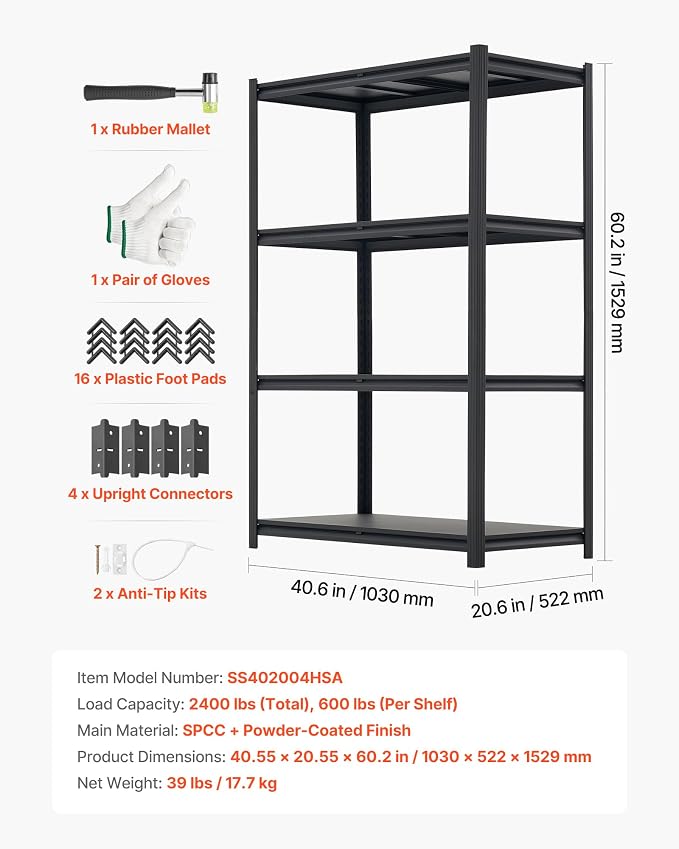 VEVOR Storage Shelves, 4-Tier Adjustable, 2400 lbs Capacity, Heavy Duty Garage - Image 9