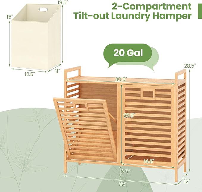 Giantex Tilt Out Laundry Hamper, 20 Gal Bamboo Laundry Storage Cabinet - Image 4