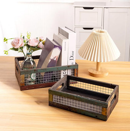 TIMRIS Set of 2 Rustic Wooden Countertop Baskets, Farmhouse Distressed Nesting - Image 8