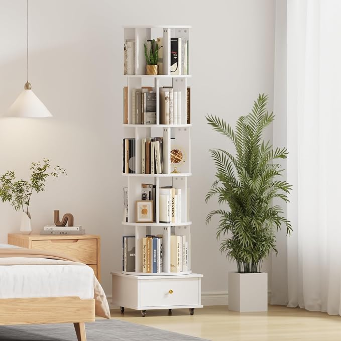 5-Tier Rotating Bookshelf with Drawers on Wheels, 360° Spinning Corner Bookcase by LSHUIZHU
