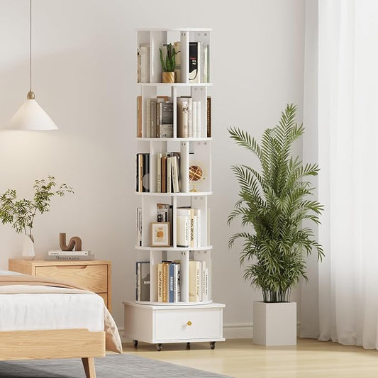 5-Tier Rotating Bookshelf with Drawers on Wheels, 360° Spinning Corner Bookcase by LSHUIZHU