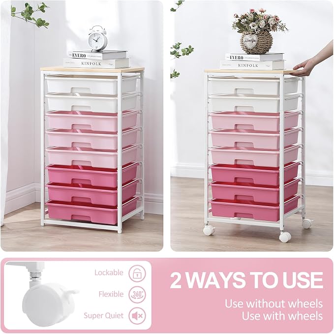 Rolling Cart with Drawers, Storage Cart with 8 Drawers and Wooden Tabletop - Image 5