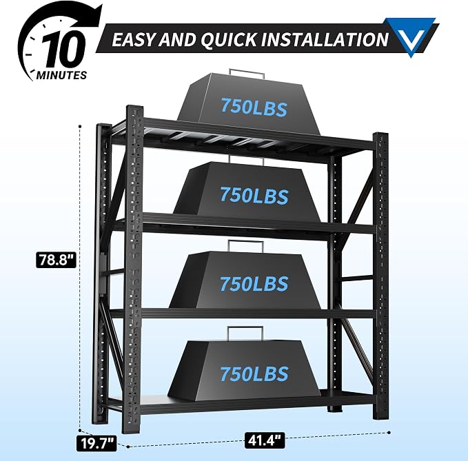 3000LBS Garage Shelving 42" W Garage Shelving Heavy Duty 4-Tier Metal Storage - Image 3