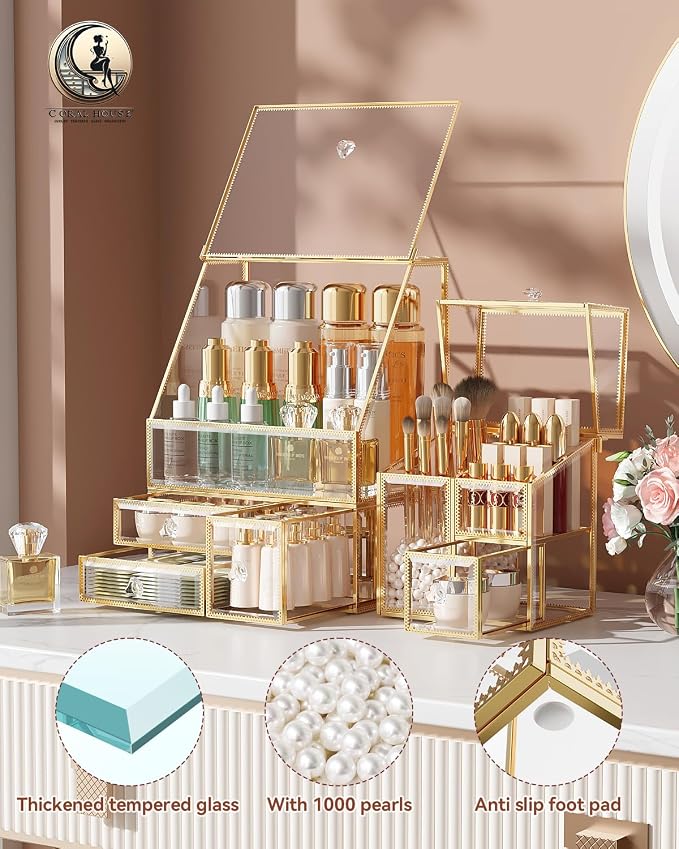 Clear Makeup Organizer with Gold Frame – Countertop Vanity Organizer - Image 2