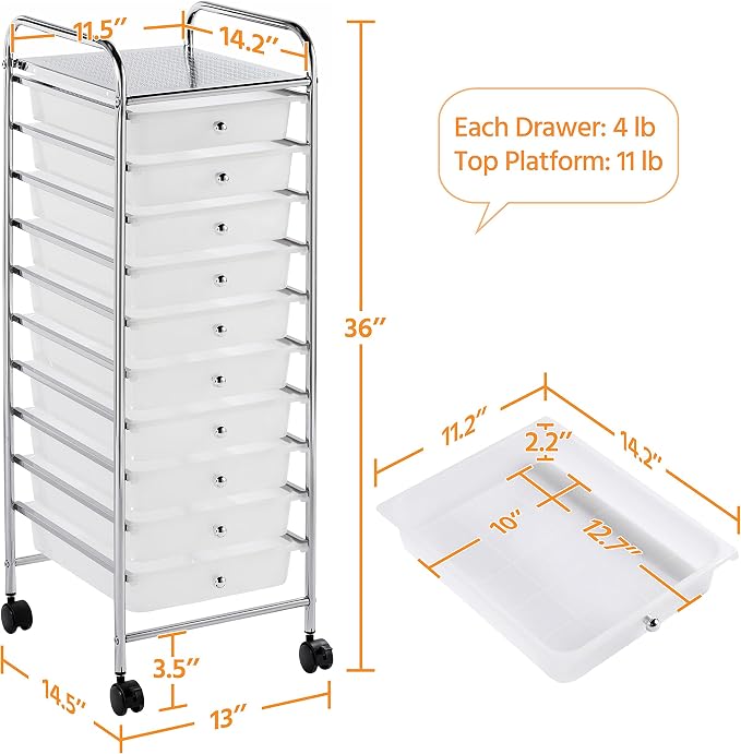Yaheetech 10 Drawer Cart Rolling Plastic Storage Cart and Organizer - Image 3