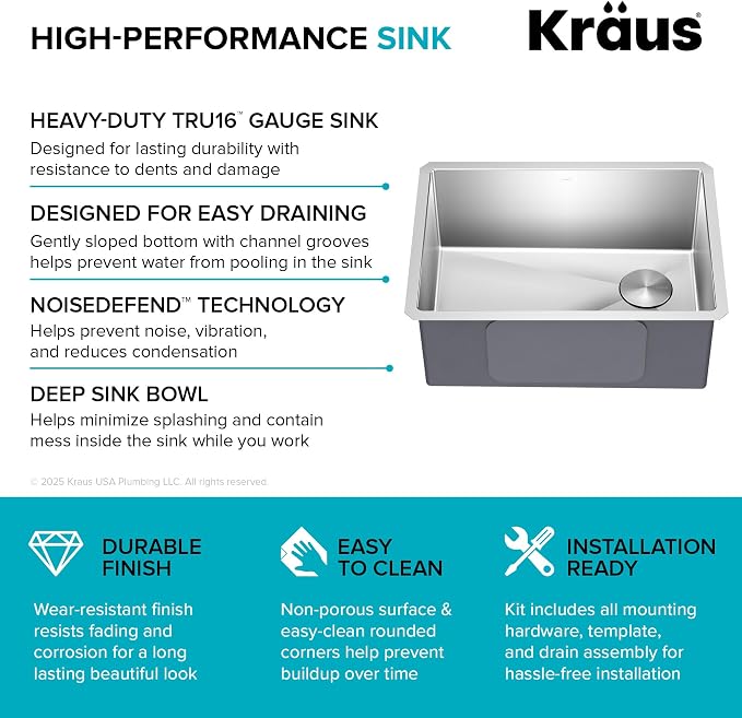 Kraus KHU111-25 Standart PRO 16 Gauge Undermount Single Bowl Stainless Steel - Image 12