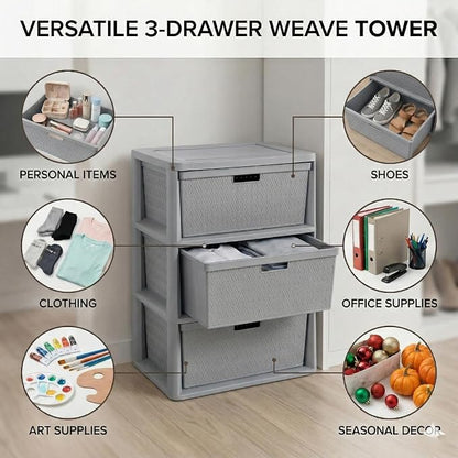 3 Drawer Wide Weave Storage Tower, Modern Style Decorative Freestanding Storage - Image 3