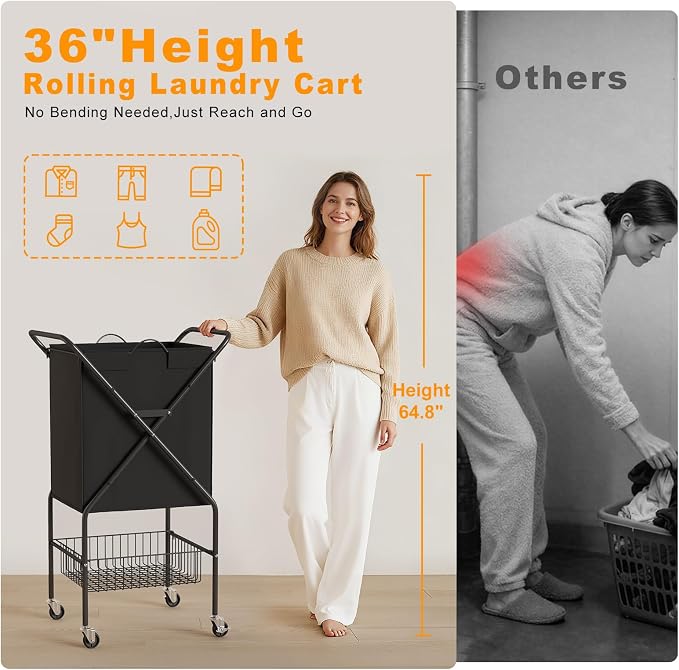 Laundry Basket with Wheels:88L Rolling Laundry Cart Foldable Metal Frame Dirty - Image 2