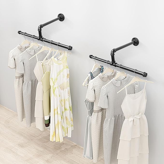 Industrial Pipe Clothes Rack Floating DIY Wall Mounted, Heavy Duty Rustic - Image 8
