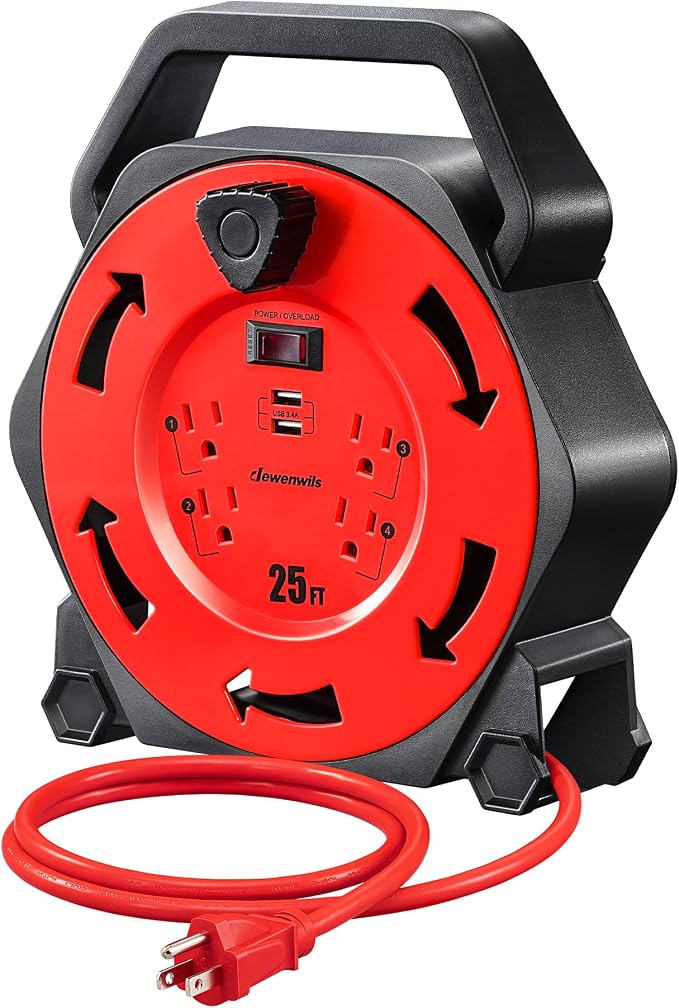 DEWENWILS Cord Reel with 4 Power Outlets, 2-USB Ports, 25FT Retractable by DEWENWILS