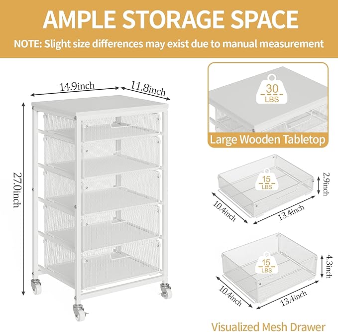 Sbanmao Utility Cart with 5 Drawers, Rolling Storage Cart with Wooden Tabletop - Image 2