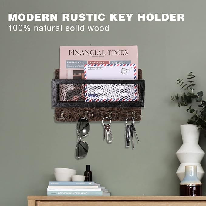 ADIIL Mail and Key Holder for Wall Decorative, Wooden Wall Mount Key Rack - Image 3