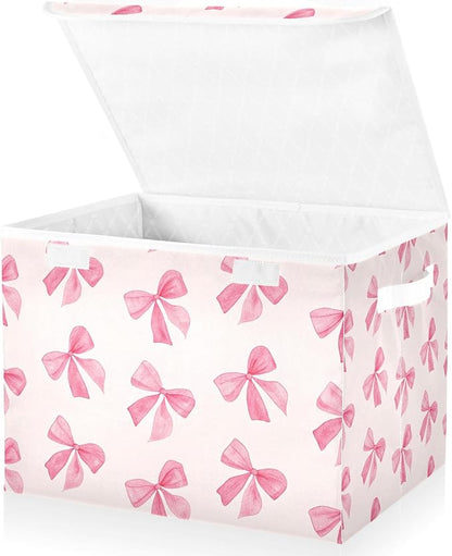 Pink Bow Storage Bins with Lids and Carrying Handle, Foldable Storage Boxes - Image 2