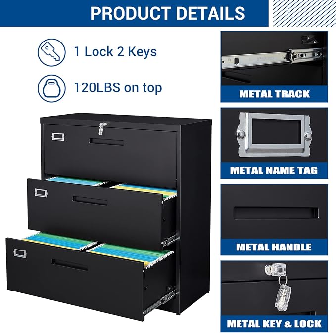 Lateral File Cabinet with Lock, 3 Drawer Large Metal Filing Cabinet, Home - Image 6