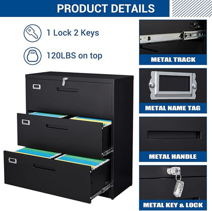 Lateral File Cabinet with Lock, 3 Drawer Large Metal Filing Cabinet, Home - Image 6