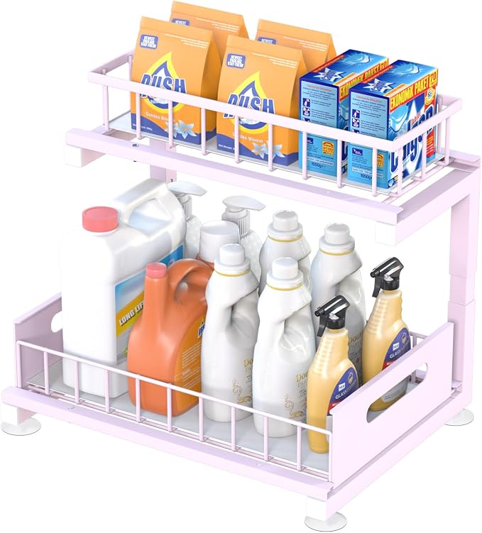 Under Sink Organizer Storage: Adjustable Height, 2 Tier L-Shaped Pull-Out Metal by Saydear