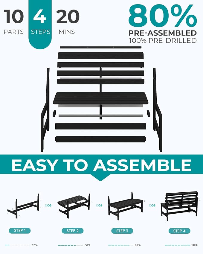 SERWALL Armless Outdoor Bench, All Weather HDPE Porch Bench, 2 Pack, Suitable - Image 9