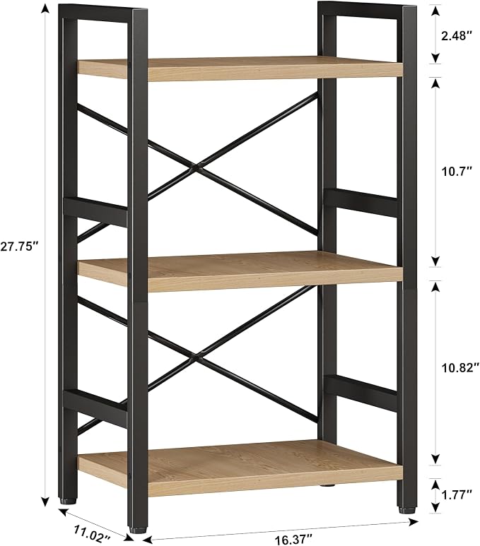 Homeiju Bookshelf, 3 Tier Industrial Bookcase, Metal Small Bookcase, Rustic - Image 3