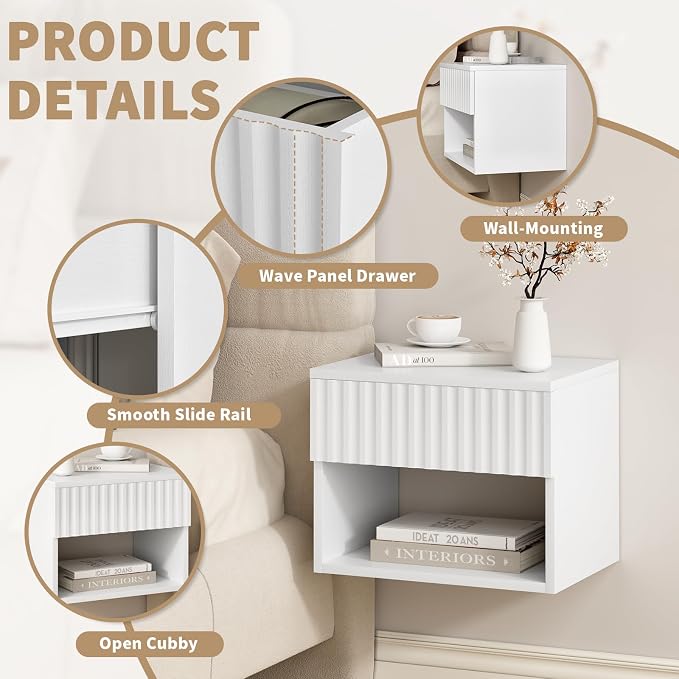 Floating Nightstand Set of 2, Modern Wall Mounted Bedside Tables - Image 6